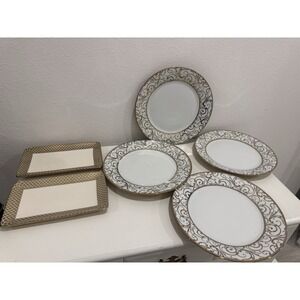 4 Ciroa Luxe Metallic Gold Scroll 10.5" Dinner Plate & 2 Ciroa Luxe Vanity Tray